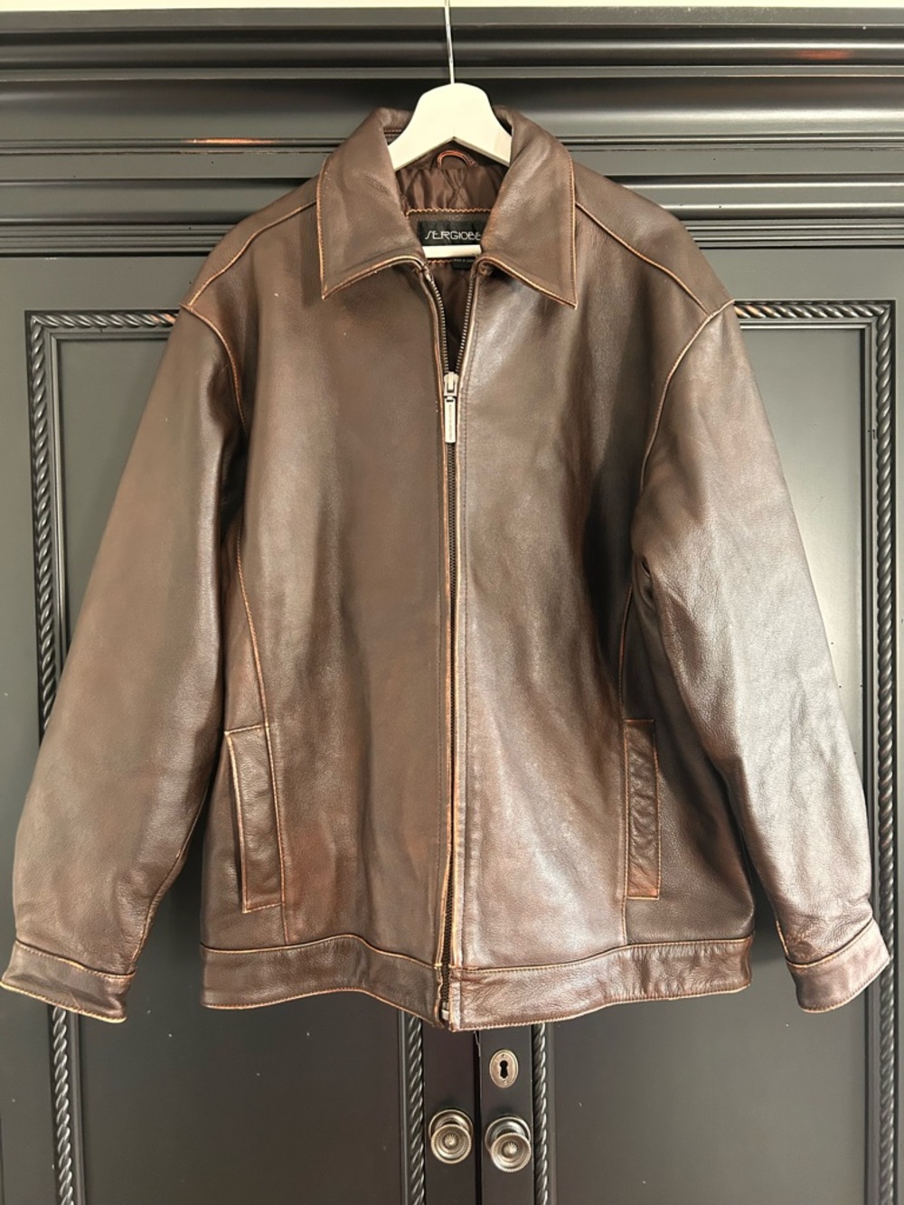 Men's Faux Leather Zip Flight Jacket Aviator Brown